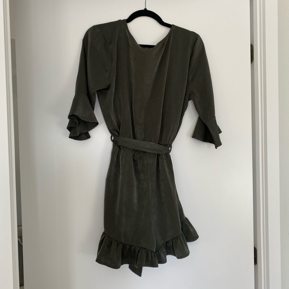 Silk Olive Green Romper with Flower Details - Picture 6 of 7